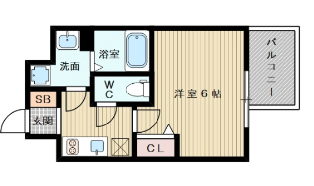 １Ｋのお部屋です。反転の間取り図です