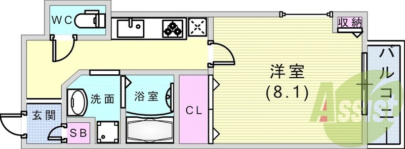 1K（29.3平米）システムキッチン・独立洗面台・バルコニー