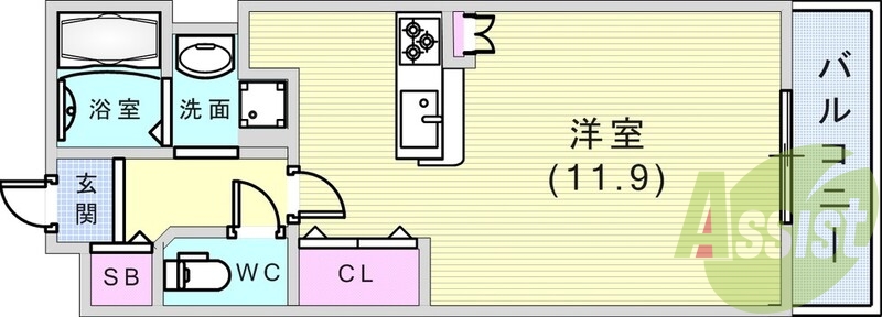 1R（２９.３平米）カウンターキッチン・2口ガスコンロ・収納