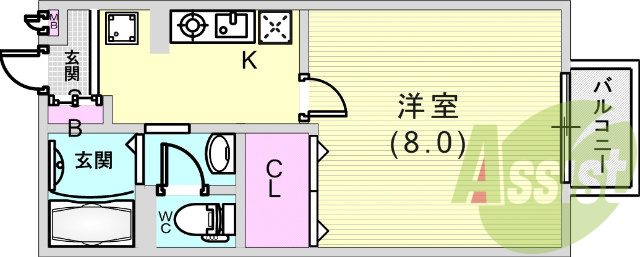1Ｋ（２６．７１平米）室内洗濯機置き場・独立洗面台・収納