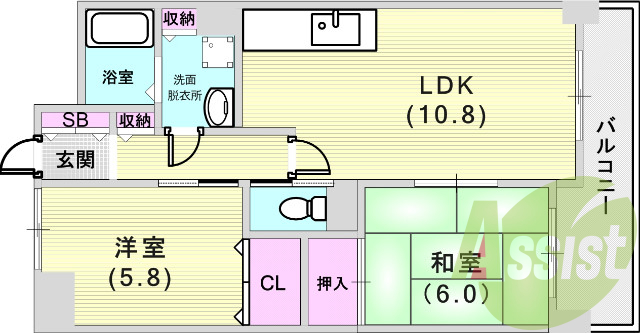 ２ＬＤＫ（54平米）オートロック、エレベータ・ウォシュレット