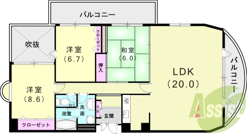 3LDK（99平米）システムキッチン・2面バルコニー・収納