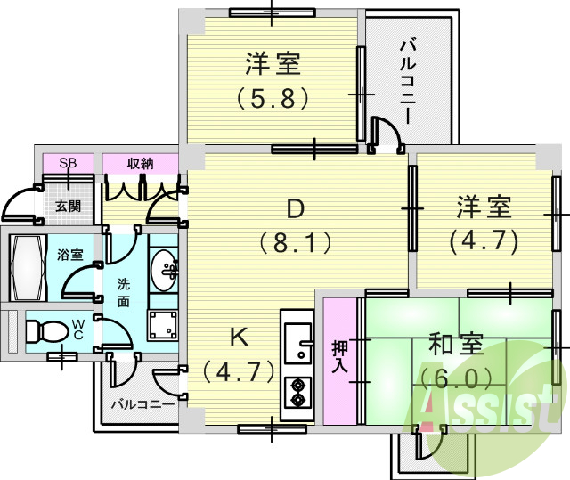 ３ＤＫ（６３．５７平米）システムキッチン・独立洗面台・収納