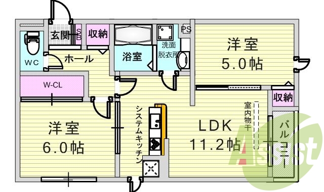 ２ＬＤＫ（52.3平米）カウンターキッチン・独立洗面台・収納
