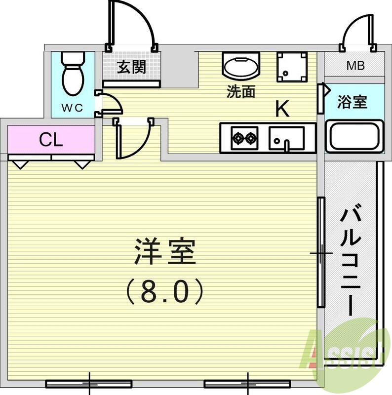 １Ｋ（２４.５５平米）エアコン・2口ガスコンロ・室内洗濯パン