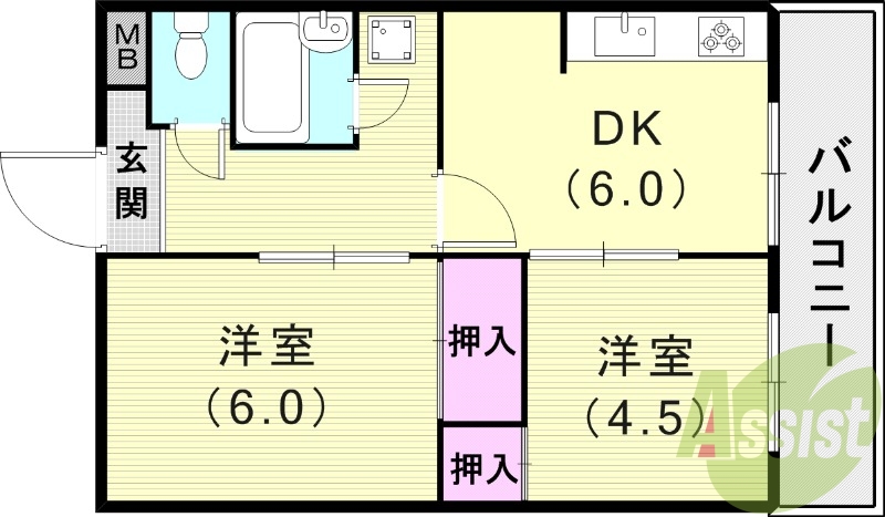 2DK（38.39平米）システムキッチン・エアコン2台・収納