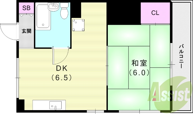 1DK（２４.３平米）ユニットバス・バルコニー・室内洗濯機置