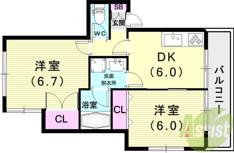 2DK（40.58平米）独立洗面台・角部屋・モニターホン