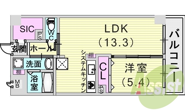 1LDK（46.8平米）システムキッチン・浴室乾燥機・下駄箱