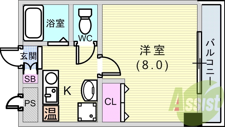 1K(20.63平米）オール電化・室内洗濯機置場