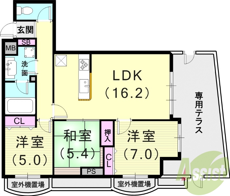 3LDK（71.13平米）専用テラス・浴室乾燥機・エアコン