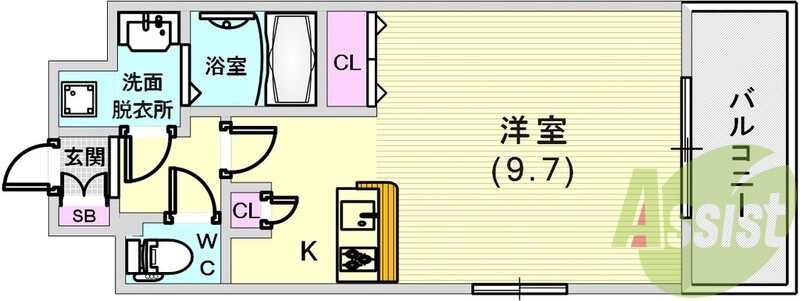 洋室9.7帖の大きめ1K