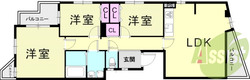 3LDK(61.72平米）追焚付給湯・2面バルコニー