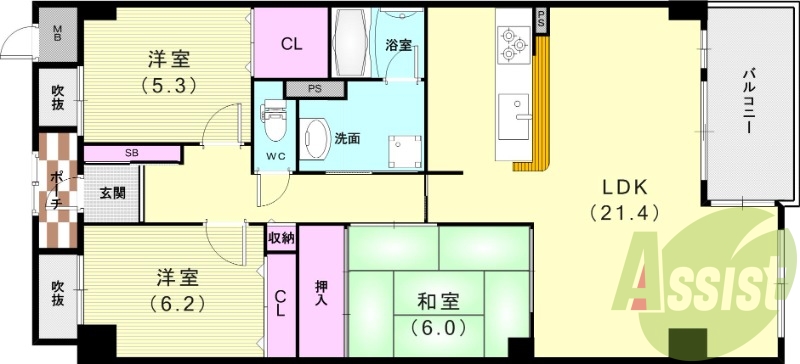 2LDK（86.42平米）カウンターキッチン・室内洗濯機置場