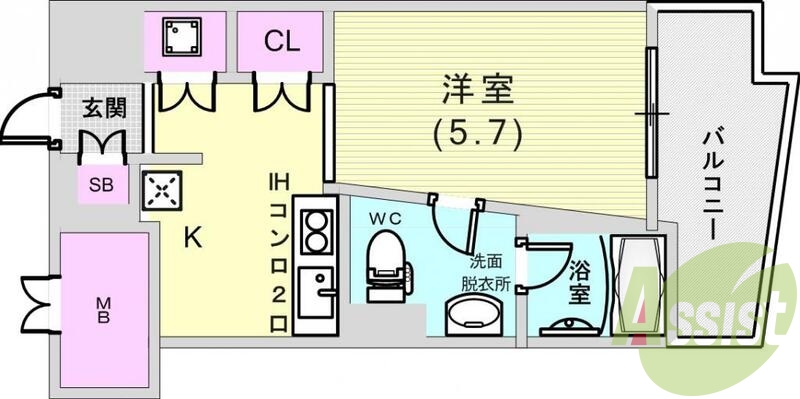 1K（22.26平米）エアコン・システムキッチン・バルコニー