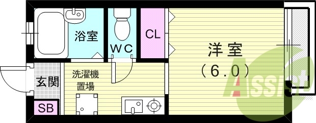 １Ｋ（２１平米）ガスキッチン・エアコン・ＳＢ・室内洗濯機置場