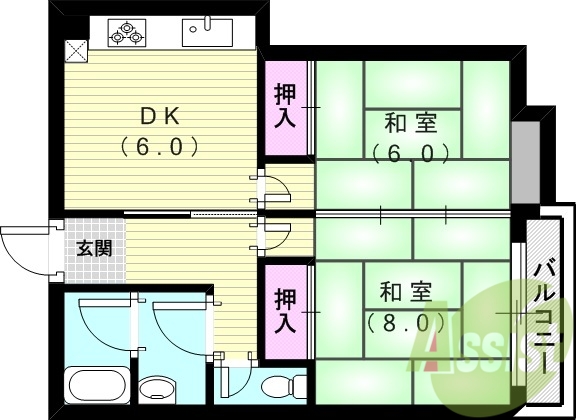 2DK（45平米）バストイレ別・独立洗面台・室内洗濯機置場