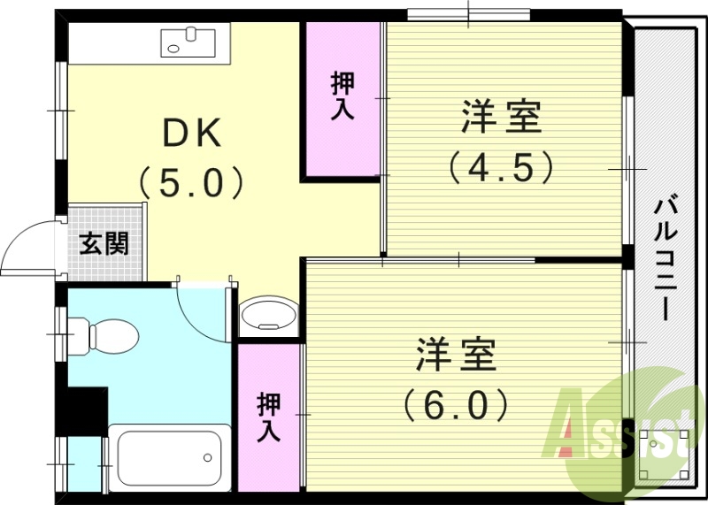 2DK（33平米）モニターフォン・角部屋・独立洗面台