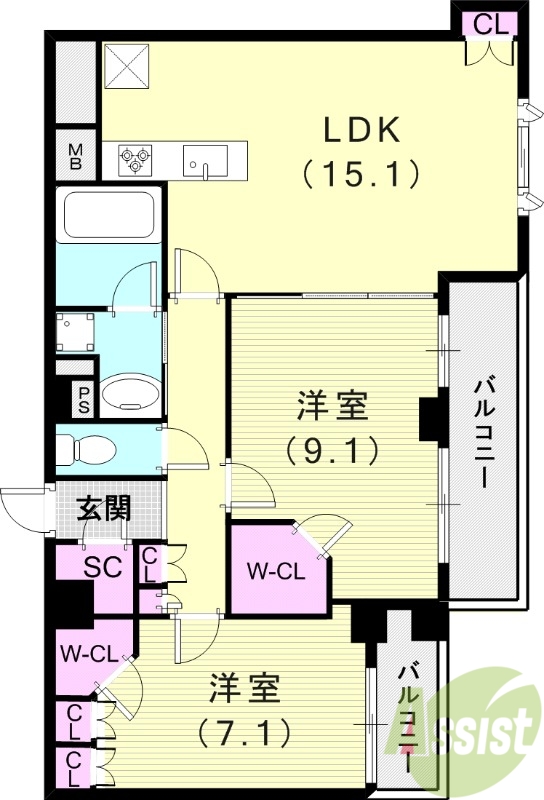 2LDK（74.80平米）24時間ゴミ出し可・食器洗浄乾燥機