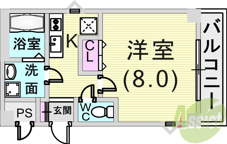 １Ｋ（26.22平米）２口コンロ・独立洗面台・オートロック