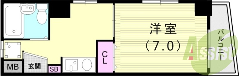 1K(19.23平米）家具家電付き・エアコン・角部屋・収納
