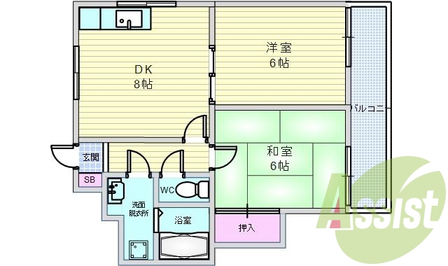 ２ＤＫ（４４平米）追い焚き・ガスキッチン・温水洗浄便座