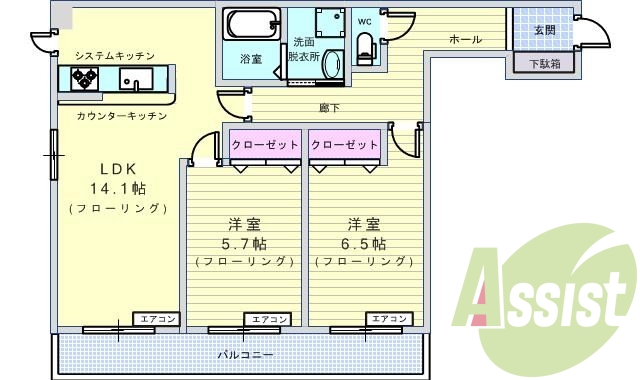 2LDK・エレベーター・オートロック付・オール洋室