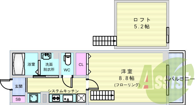 1K(28.9平米)システムK・シャンドレ・浴室乾燥機