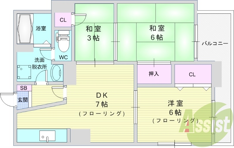 3DK(52.54平米)独立洗面台・ウォシュレット・押入れ