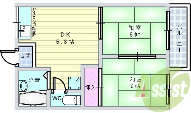 2DK「34.95平米」・独立洗面台・ガスコンロ設置可能。