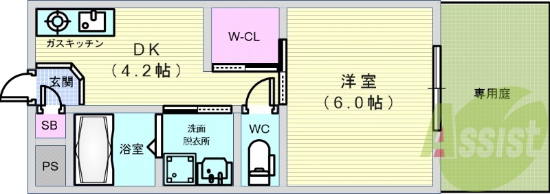 1DK(26.22平米)ガスコンロ・エアコン・洗髪洗面化粧台