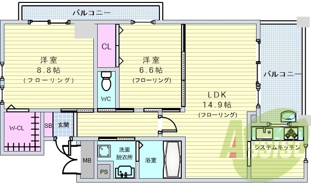 2LDK、システムキッチン、高温差し湯、防犯カメラ