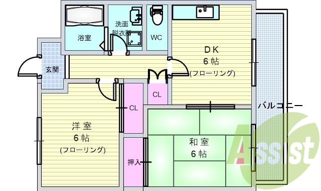 2DK(45.4平米）南東向き・追い焚き・ディンプルキー