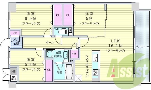 3ＬＤＫ「72.81平米」、オートロック、システムキッチン。