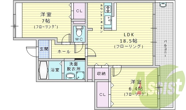 2LDK(64.7平米)オートロック・カウンターキッチン
