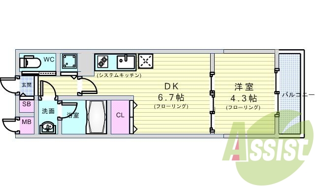 １ＤＫ（２８．８２平米）独立洗面台・システムキッチン