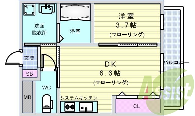 1DK(29.69平米）システムキッチン・エアコン・追い焚き