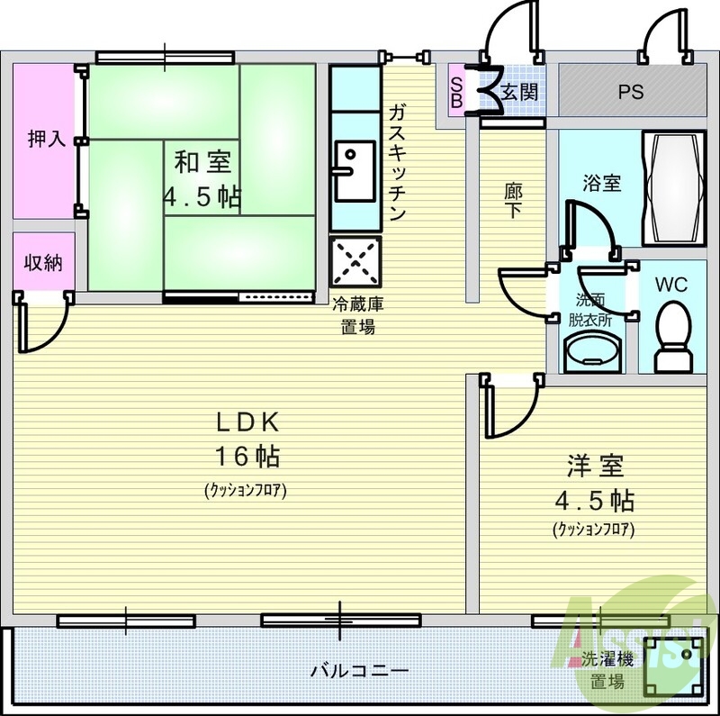 2LDK(48平米)独立洗面台・脱衣所・ガスキッチン
