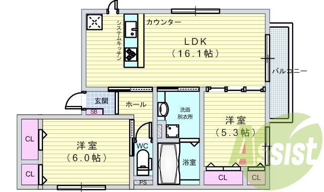２ＬＤＫ（６５．７平米）浴室乾燥機・追い焚き給湯・一坪風呂