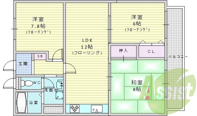 ３ＬＤＫ（６７．３２平米）システムキッチン、エアコン