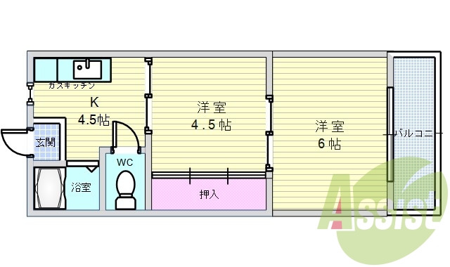 2DK　（日当たり良好、ペット飼育可）