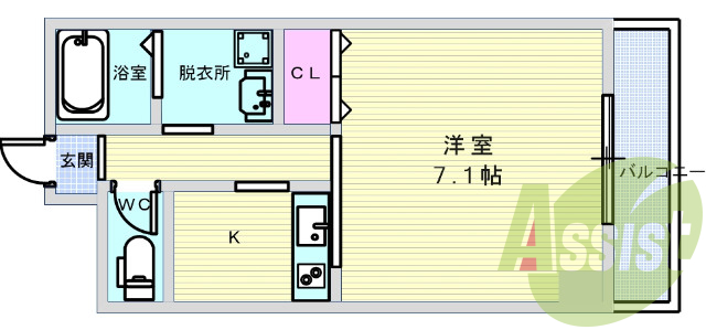 1K(26.92平米）エレベーター、2口ＩＨキッチン、ＡＬ