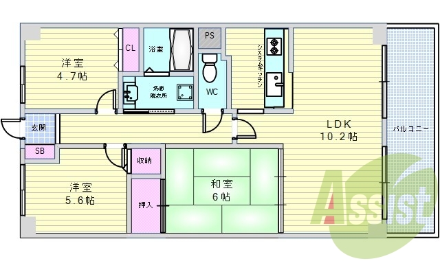 ３ＬＤＫ（６３．８平米）インターホン・システムキッチン・収納