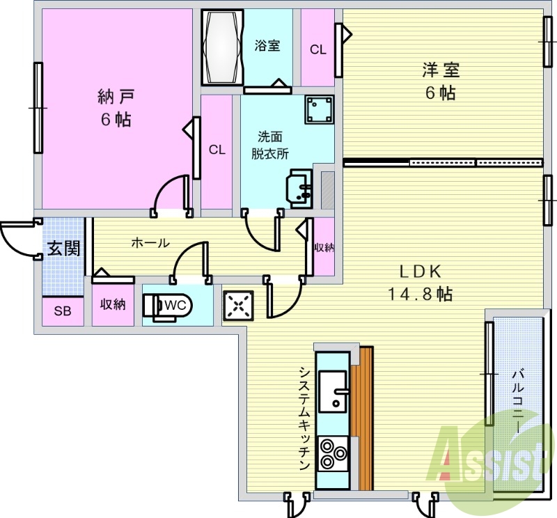 1LDK（62平米）納戸・システムキッチン・追い焚き
