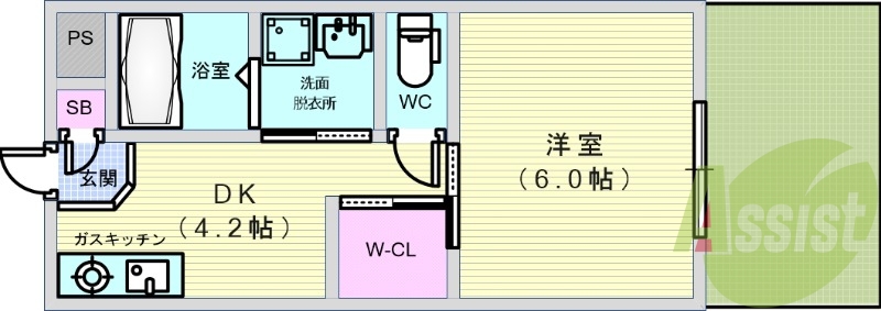 1DK(26.31平米)ガスコンロ・エアコン・洗髪洗面化粧台