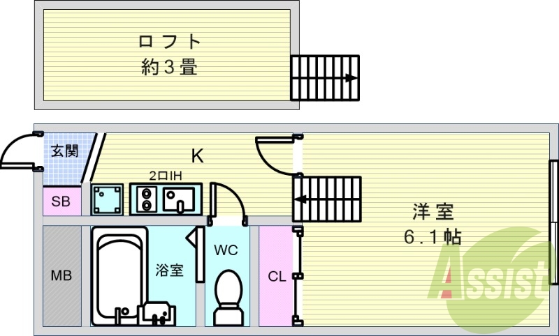 １K（19.87平米）家具家電つき・ネット無料・敷地内駐車場