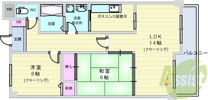 ２LDK（60平米）洗髪洗面化粧台・室内洗濯機置場・脱衣所