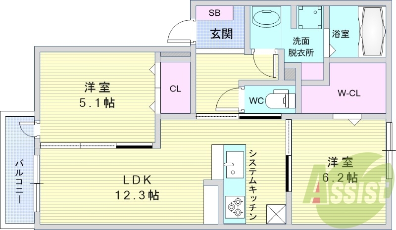 2LDK(58.37平米)システムキッチン・追い焚き・収納