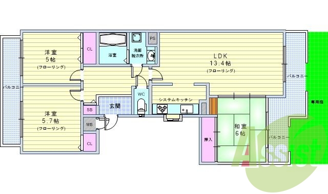 ３ＬＤＫ、分譲賃貸、システムキッチン、専用庭、２面バルコニー