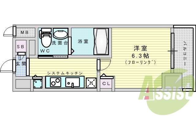1ｋ、システムキッチン、室内洗濯パン、トイレバス別。